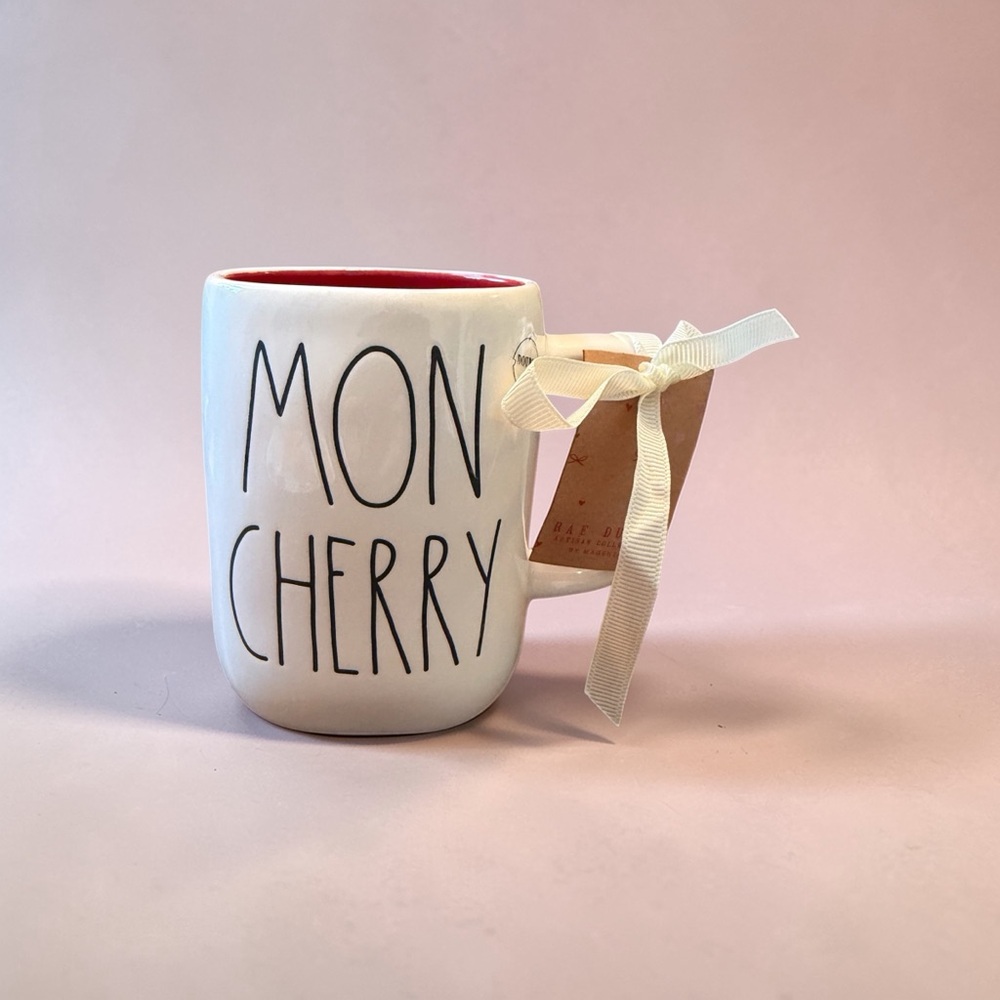 Rae Dunn MON CHERRY White Ceramic Mug Double sided NWT